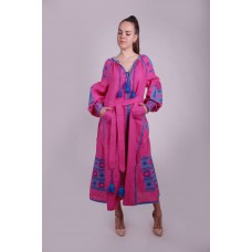 Boho Style Ukrainian Embroidered Maxi Broad Dress Pink with Turquoise/Violet Embroidery